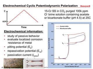 17 Honeywell Confidential
Electrochemical Cyclic Potentiodynamic Polarization
Electrochemical information:
• study of passive behavior
• evaluate localized corrosion
resistance of metal
• pitting potential (Ep)
• repassivation potential (Erp)
• passivation current (ipass)
• measure corrosion rate
OCP
Time
E 15-Cr SS in CO2 purged 100k ppm
Cl- brine solution containing acetate
or bicarbonate buffer (pH 4.5) at 25C
Pitting corrosion
 