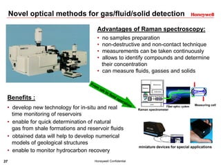 37 Honeywell Confidential
Novel optical methods for gas/fluid/solid detection
Benefits :
• develop new technology for in-situ and real
time monitoring of reservoirs
• enable for quick determination of natural
gas from shale formations and reservoir fluids
• obtained data will help to develop numerical
models of geological structures
• enable to monitor hydrocarbon recovery
Raman spectrometer
Measuring cell
miniature devices for special applications
Advantages of Raman spectroscopy:
• no samples preparation
• non-destructive and non-contact technique
• measurements can be taken continuously
• allows to identify compounds and determine
their concentration
• can measure fluids, gasses and solids
 