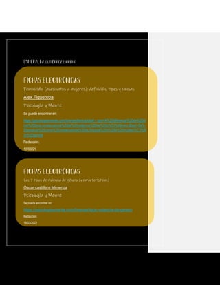 Feminicidio (asesinatos a mujeres): definición, tipos y causas
Alex Figueroba
Psicología y Mente
Se puede encontrar en:
https://psicologiaymente.com/forense/feminicidio#:~:text=A%20diferencia%20de%20ot
ros%20tipos,consecuencia%20de%20violencia%20de%20g%C3%A9nero.&text=Se%
20produce%20como%20consecuencia%20de,forzada%20o%20la%20mutilaci%C3%B
3n%20genital
Redacción:
10/03/21
Los 7 tipos de violencia de género (y características)
Oscar castillero Mimenza
Psicología y Mente
Se puede encontrar en:
https://psicologiaymente.com/forense/tipos-violencia-de-genero
Redacción:
16/03/2021
 