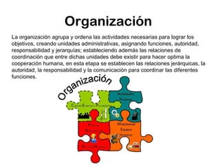 Organización
La organización agrupa y ordena las actividades necesarias para lograr los
objetivos, creando unidades administrativas, asignando funciones, autoridad,
responsabilidad y jerarquías; estableciendo además las relaciones de
coordinación que entre dichas unidades debe existir para hacer optima la
cooperación humana, en esta etapa se establecen las relaciones jerárquicas, la
autoridad, la responsabilidad y la comunicación para coordinar las diferentes
funciones.
 