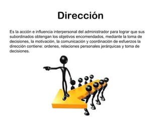 Dirección
Es la acción e influencia interpersonal del administrador para lograr que sus
subordinados obtengan los objetivos encomendados, mediante la toma de
decisiones, la motivación, la comunicación y coordinación de esfuerzos la
dirección contiene: ordenes, relaciones personales jerárquicas y toma de
decisiones.
 
