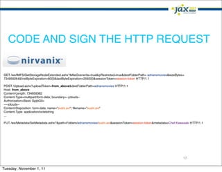 CODE AND SIGN THE HTTP REQUEST


GET /ws/IMFS/GetStorageNodeExtended.ashx?&ﬁleOverwrite=true&ipRestricted=true&destFolderPath= adriansmovies&sizeBytes=
734859264&ﬁrstByteExpiration=6000&lastByteExpiration=259200&sessionToken=session-token HTTP/1.1

POST /Upload.ashx?uploadToken=from_above&destFolderPath=adriansmovies HTTP/1.1
Host: from_above
Content-Length: 734859382
Content-Type=multipart/form-data; boundary=--jclouds--
Authorization=Basic GpjbG9=
----jclouds--
Content-Disposition: form-data; name="sushi.avi"; ﬁlename="sushi.avi"
Content-Type: application/octetstring
...

PUT /ws/Metadata/SetMetadata.ashx?&path=Folders/adriansmovies/sushi.avi&sessionToken=session-token&metadata=Chef:Kawasaki HTTP/1.1




                                                                                                                     17

Tuesday, November 1, 11
 