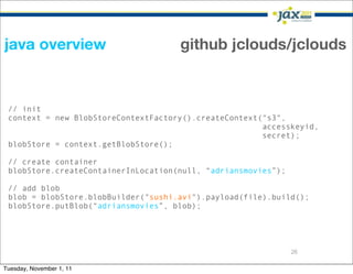java overview                        github jclouds/jclouds


 // init
 context = new BlobStoreContextFactory().createContext("s3",
                                                       accesskeyid,
                                                       secret);
 blobStore = context.getBlobStore();

 // create container
 blobStore.createContainerInLocation(null, “adriansmovies”);

 // add blob
 blob = blobStore.blobBuilder("sushi.avi").payload(file).build();
 blobStore.putBlob(“adriansmovies”, blob);




                                                               26

Tuesday, November 1, 11
 