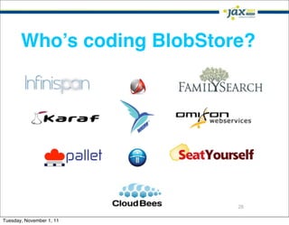 Who’s coding BlobStore?




                            28

Tuesday, November 1, 11
 