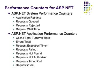 Performance Counters for ASP.NET ASP.NET System Performance Counters Application Restarts Requests Queued Requests Rejected Request Wait Time ASP.NET Application Performance Counters Cache Total Turnover Rate Errors Total Request Execution Time - Requests Failed Requests Not Found Requests Not Authorized Requests Timed Out Requests/Sec 