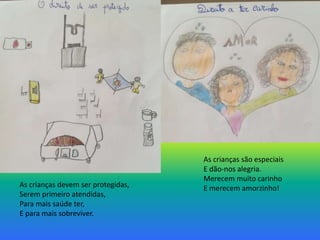 As crianças são especiais
E dão-nos alegria.
Merecem muito carinho
E merecem amorzinho!As crianças devem ser protegidas,
Serem primeiro atendidas,
Para mais saúde ter,
E para mais sobreviver.