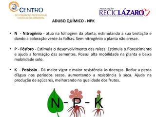 • N - Nitrogênio - atua na folhagem da planta, estimulando a sua brotação e
dando a coloração verde às folhas. Sem nitrogênio a planta não cresce.
• P - Fósforo - Estimula o desenvolvimento das raízes. Estimula o florescimento
e ajuda a formação das sementes. Possui alta mobilidade na planta e baixa
mobilidade solo.
• K - Potássio - Dá maior vigor e maior resistência às doenças. Reduz a perda
d’água nos períodos secos, aumentando a resistência à seca. Ajuda na
produção de açúcares, melhorando na qualidade dos frutos.
ADUBO QUÍMICO - NPK
 