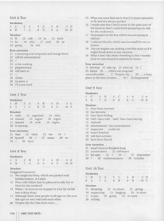 Unit 6 Test
Vocabulary
 C 2 C 3 A 4 B 5 D
6 B 7 A B D 9 A 10 D
Structure
II If 12 will 13 in 14 have
5 be 6 who 17 and  8 a,
19 going 20 not
Error correction
21 a stunning oval turquoise and orange bowl.
22 will be as tronomical
23 ,,i
24 to be workin g
25 preposterous
26 will have to
27 ,,i
28 closes
29 no pace, a
30 I'll come back
15 Wh at you soon find out is th at it is more expensive
to fly and not always quicker,
16 I made sure that I had a room in the quiet part of
the ho tel so that J could finish preparing my talk
for the conference,
17 We jum ped o n the bus wh ich was just going to
Oxford,
18 I sold my bicycle, which was too small for me, to
Robert,
19 The ca r engine was making a te rrible noi se as ifit
might break down at any moment.
20 What J do n'r Hke about travelling is that I usually
have to wait around in airports for hou rs.
Error correction
21 develop 22 take up 23 went on 24  ,1
25 adjust 26 ", ,which was long and
uncomfortable, ", 27 Desp ite the ", 28 ... , a busy
place at the best oftimes, ", 29 ."J 30 desperately
Unit 9 Test
5 A
10 B
4 A
9 C
3 C
8 B
Structure
I I have been married
12 has become
13 have been feeling
14 told I have told had I have been having
15 realized
16 remembered I has remembered
17 respected could not
18 hasn't finished
19 will have written
20 have been fo rced
Vocabulary
I C 2 B
6 B 7 D
5 C
10 A
4 D
9 C
the 24 ."J
some 28 to
13 m iss
16 regret
19 reg ret
3 B
8 D
12 regretted
15 reg ret
18 wish
Error correction
21 that 22 what 23
25 herself 26 'Ii 27
29 'vI 30 have
Unit 7 Test
Vocabulary
I B 2 A
f A 7 C
Structure
11 wish
14 missed
17 missed
20 is missing
27 dependent
30 irritable
Unit 8 Test
Vocabulary
I A 2 B
(i B 7 A
3 C
8 A
4 D
9 C
5 A
10 D
Error correction
21 hasn't been in Bangkok long
22 turned down 23 still has n't
24 for ages 25 --i 26 'vi
28 "f 29 em barrass ment
Structure
I I donating 12 to return
14 supporting 15 begging
17 to put 18 going 19
20 writing
13 giving
16 to show
to come
Str ucture
(Suggested answers)
11 We caught the ferr y, which was packed with
holtdaymakers. at Calais.
12 Peter told Gillian th at he planned to take her to
Paris for the weekend.
13 When I As soo n as we stopped in a lay-by we fell
into a deep sleep.
14 Although there were people of all ages on the tour,
they got on very well with each other.
or Despite the fact that there were...
Unit 10 Test
Vocabulary
1 B 2 A
6 A 7 C
3 C
8 B
4 B
9 B
5 D
10 C
' 34 nUNIT TEST KEYS
 