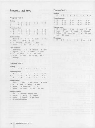 Progress test keys Progress Test 3
Reading
I C 2 B 3 A 4 F 5 E 6 D
Progress Test 1 Vocabulary doze
Reading I B 2 A 3 C 4 A 5 C
I II 2 A 3 K 4 G 5 D 6 B 7 D B B 9 A 10 D
6 I 7 C B F II C 12 B 13 A 14 C 15 B
Vocabulary doze
Grammar d oze
I B 2 D 3 A 4 B 5 D
I If 2 have 3 no 4 haw 5 but
6 B 7 D B C 9 A 10 B
6 been 7 arc B would 9 although
II A 12 D 13 A 14 B 15 C 10 before II when I as 12 a 13 out
14 nOI 15 ones
Grammar doze
I there 2 in 3 to 4 made 5 who
Phrase gap
6 even 7 which B are I D 2 E 3 II 4 G 5 A 6 C
9 as I because 10 of II does
12 unless 13 the 14 be 15 no t
Error correction
I Armstrong 2 "
,1
5 reports. 6 ..J
9 .J 10 day's
13 us up 14 Gill.
17 damage.'
3 chose a -I 'The
7 didn't 8 Gill's
I I "I 12 'That
15 us did 16 "I
Progress Test 2
Reading
I C 2 D 3 C 4 C
Vocabulary doze
I B 2 A 3 C 4 A
6 C 7 D B A 9 B
II A 12 B 13 B 14 C
5 A
5 B
10 C
15 C
Grammar erose
I since 2 has 3 far I much 4 th ere
5 of 6 such 7 being 8 well
9 whose 10 down I on II [0
12 which 13 ever 14 by 15 (he
Register t ransfer
I flat 2 coming I pouring from
3 put on 4 get in 5 on top
6 got in 7 found 8 get them
9 all over I all finished
136 r. PROGRESS TEST KEYS
 