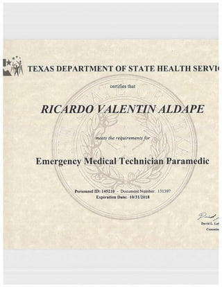 Ricardo Aldape Texas Paramedic Certification