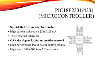 PIC18F2331/4331
(MICROCONTROLLER)
• Special Hall Sensor interface module
• High current sink/source 25 mA/25 mA
• Three external interrupts
• CAN developers kit for automotive network
• High performance PWM power control module
• High speed 10bit 200 ksps A/D converter
 