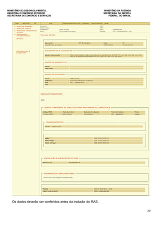 MINISTÉRIO DO DESENVOLVIMENTO, MINISTÉRIO DA FAZENDA
INDÚSTRIA E COMÉRCIO EXTERIOR SECRETARIA DA RECEITA
SECRETARIA DE COMÉRCIO E SERVIÇOS FEDERAL DO BRASIL
29
Os dados deverão ser conferidos antes da inclusão do RAS.
 