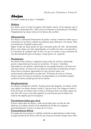 El nombre científico de la abeja es Anthophila.

Hábitat
Las abejas viven en todo los lugares del mundo, menos en las regiones que el
invierno es demasiado frío. Ellas viven en colmenas construidas por el hombre.
Originalmente las abejas vivían en los huecos de un árbol.

Alimentación
Las abejas se alimentan básicamente de polen y néctar, sustancias ambas que se
encuentran en las flores, utilizan las primeras para alimentar a las larvas. Ellas
son herbívoras. También comen miel.
Según el tipo de abeja puede ser que consumen polen de sólo determinadas
flores, estas abejas son más especializadas, en cambio las otras, son generales y
lo consumen de cualquier tipo de flor. Lo que es común es que consuman de
una determinada flor por un tiempo, y luego pasen a la siguiente.

Nacimiento
Las abejas (reina, obreras o zánganos) nacen todas de un huevo minúsculo
puesto y depositado por la reina en un alvéolo. Un huevo (hembra),
depositado en una alvéolo y alimentado de una papilla de polen y de miel, será
una abeja obrera. El huevo de una abeja en cuatro días se transforma en larva.
Otros huevos hembras, depositados en unos alvéolos reales, son
exclusivamente alimentados con jalea real. El destino de estas es volverse
futuras reinas. Los huevos (machos) son depositados en un alvéolo normal y
reciben la misma comida que las larvas obreras.

Desplazamiento
Las abejas se desplazan volando. Aunque tienen alas delgadas, las abejas vuelan
muy rápido. Las abejas obreras vuelan a 3 km por hora. Los zánganos vuelan a
8 km por hora. Las abejas reinas vuelan a 25 km por hora. Las abejas agitan sus
alas unas 230 veces en un cada segundo, lo cual muestra que las abejas son
todavía más rápidas que los mosquitos.

Crecimiento (años que vive)
Existen varios tipos de abejas, y cada una de ellas tiene un ciclo de vida
diferente. Las abejas obreras viven alrededor de 45 días, los zánganos
aproximadamente 3 meses y la reina de 4 a 5 años.
Características físicas
El cuerpo de estos insectos es velludo, teniendo un pelo plumoso sobre el que
se pega el polen de las flores sobre las que se posa, al mismo tiempo tiene sobre

                                             24
 