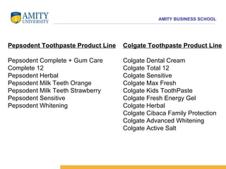 Colgate Toothpaste Product Line Colgate Dental Cream  Colgate Total 12 Colgate Sensitive Colgate Max Fresh Colgate Kids ToothPaste Colgate Fresh Energy Gel Colgate Herbal Colgate Cibaca Family Protection Colgate Advanced Whitening Colgate Active Salt Pepsodent Toothpaste Product Line Pepsodent Complete + Gum Care  Complete 12  Pepsodent Herbal  Pepsodent Milk Teeth Orange  Pepsodent Milk Teeth Strawberry  Pepsodent Sensitive  Pepsodent Whitening 