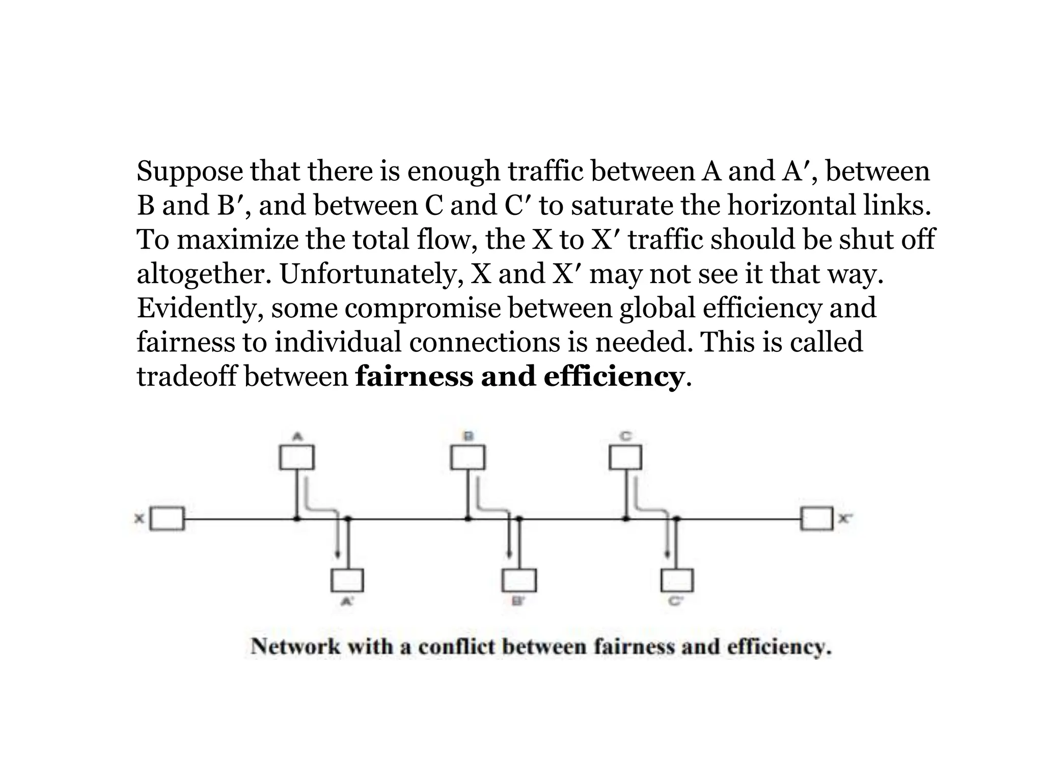Suppose that there is enough traffic between A and A′, between
B and B′, and between C and C′ to saturate the horizontal links.
To maximize the total flow, the X to X′ traffic should be shut off
altogether. Unfortunately, X and X′ may not see it that way.
Evidently, some compromise between global efficiency and
fairness to individual connections is needed. This is called
tradeoff between fairness and efficiency.
 