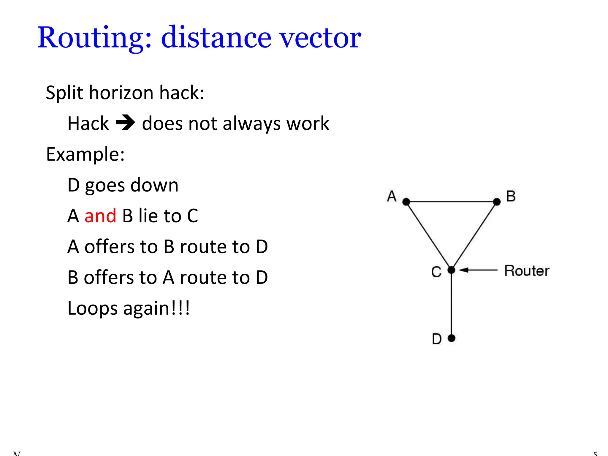 Routing: distance vector
Split horizon hack:
Hack  does not always work
Example:
D goes down
A and B lie to C
A offers to B route to D
B offers to A route to D
Loops again!!!
 