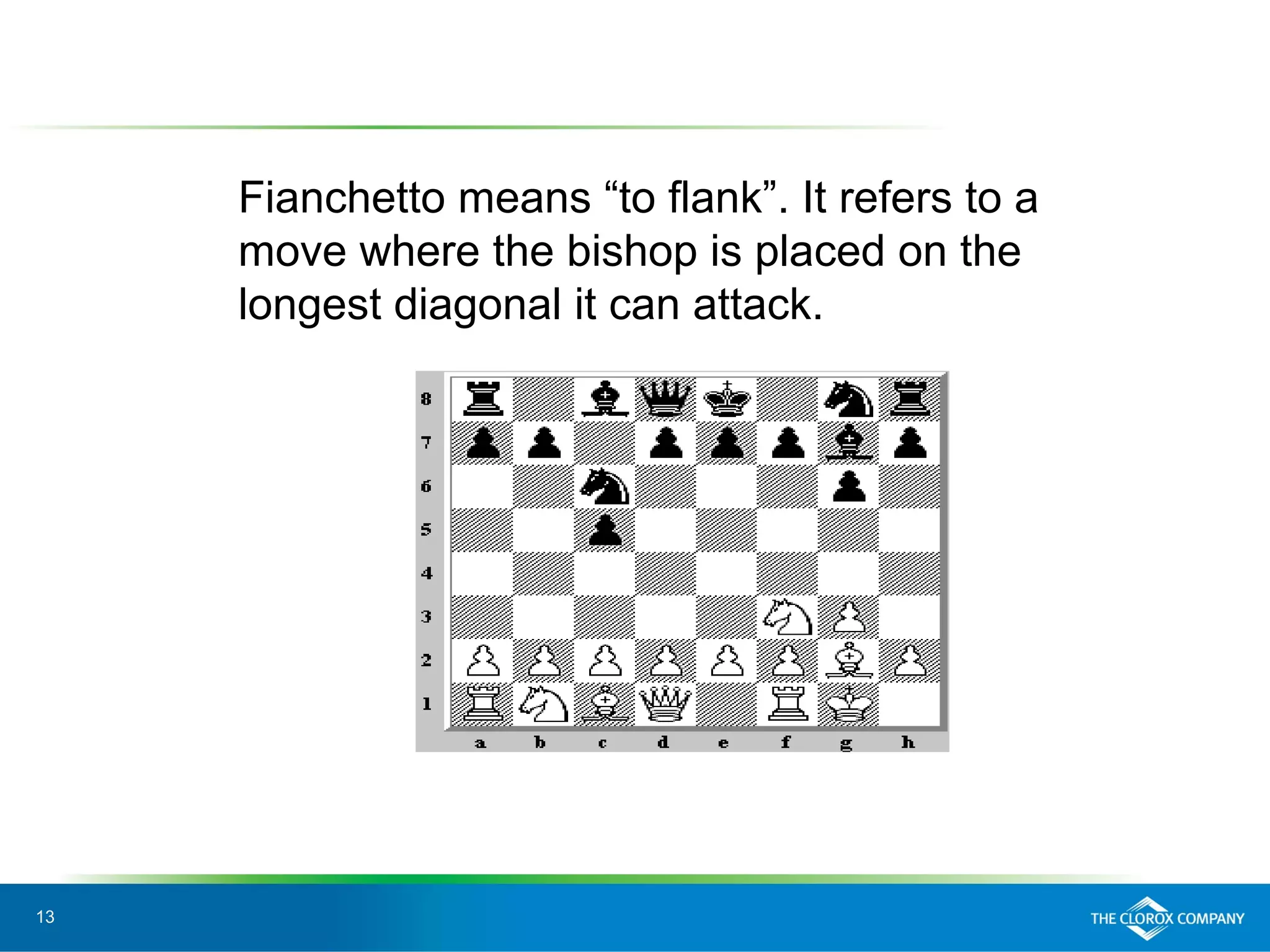 13
Fianchetto means “to flank”. It refers to a
move where the bishop is placed on the
longest diagonal it can attack.
 
