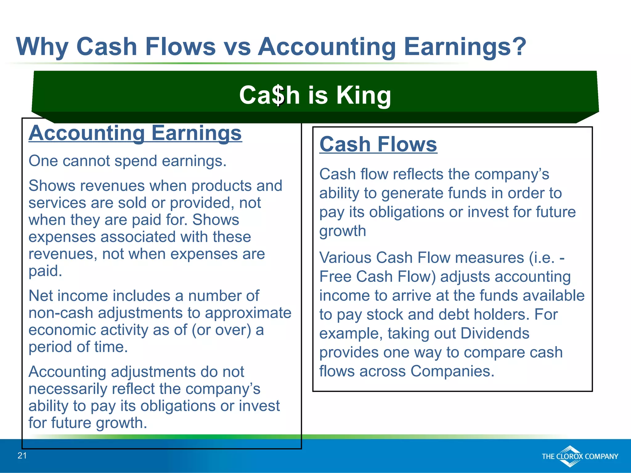 21
Why Cash Flows vs Accounting Earnings?
Accounting Earnings
One cannot spend earnings.
Shows revenues when products and
services are sold or provided, not
when they are paid for. Shows
expenses associated with these
revenues, not when expenses are
paid.
Net income includes a number of
non-cash adjustments to approximate
economic activity as of (or over) a
period of time.
Accounting adjustments do not
necessarily reflect the company’s
ability to pay its obligations or invest
for future growth.
Cash Flows
Cash flow reflects the company’s
ability to generate funds in order to
pay its obligations or invest for future
growth
Various Cash Flow measures (i.e. -
Free Cash Flow) adjusts accounting
income to arrive at the funds available
to pay stock and debt holders. For
example, taking out Dividends
provides one way to compare cash
flows across Companies.
Ca$$h is King
 