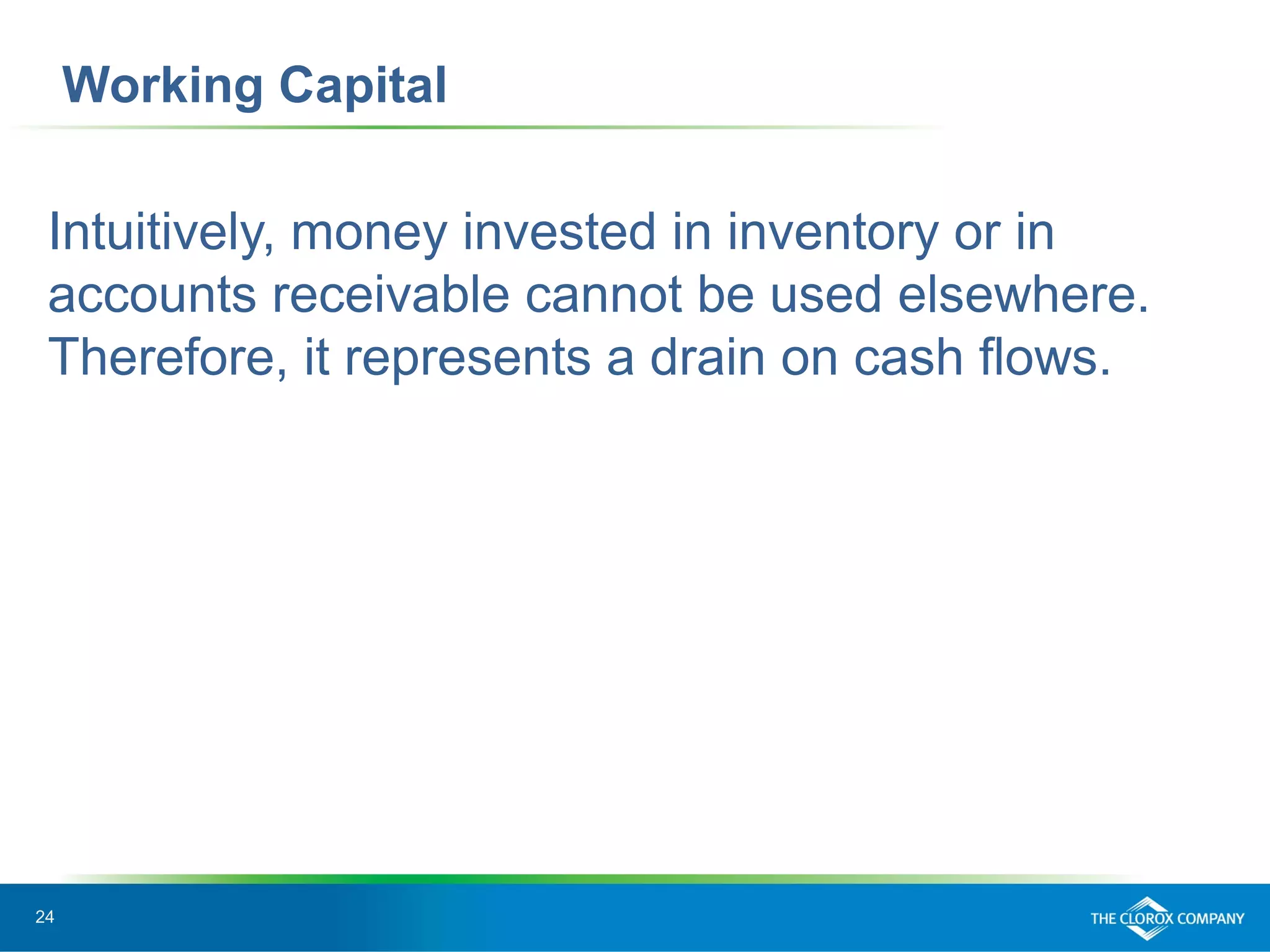 24
Working Capital
Intuitively, money invested in inventory or in
accounts receivable cannot be used elsewhere.
Therefore, it represents a drain on cash flows.
 