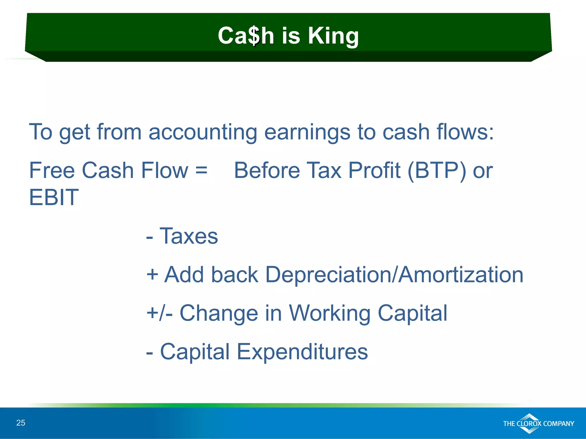 25
To get from accounting earnings to cash flows:
Free Cash Flow = Before Tax Profit (BTP) or
EBIT
- Taxes
+ Add back Depreciation/Amortization
+/- Change in Working Capital
- Capital Expenditures
Ca$$h is King
 