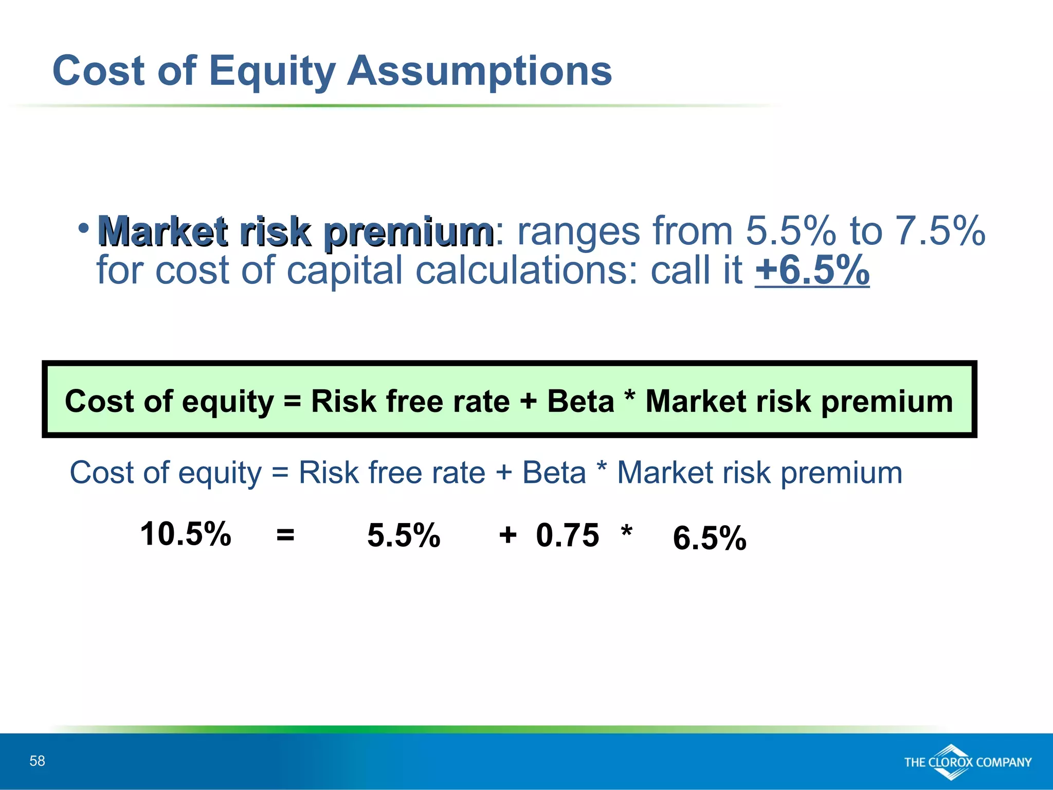 58
Cost of Equity Assumptions
• Market risk premiumMarket risk premium: ranges from 5.5% to 7.5%
for cost of capital calculations: call it +6.5%
Cost of equity = Risk free rate + Beta * Market risk premium
10.5% = 5.5% 0.75+ 6.5%*
Cost of equity = Risk free rate + Beta * Market risk premium
 