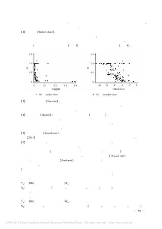 增阶段，资产规模扩大则公司生产效率增加； 而在规模报酬递减阶段，资产规模扩大则公司生产效率减小。
本文将采用公司总资产的自然对数来表示资产规模。
（ 2） 市场份额（ Market-share） 。由于保险投资资金主要来源之一是承保业务得到的保险准备金，因此，承保
业务将从投资资金规模和赔付额两个方面对保险资金运用产生影响。本文以保费市场份额占比来代表承保业
务规模，通过计算某一产险公司保费收入占产险业总收入的比例来得到某公司的市场份额。考虑到市场份额
占比均为小于 1 的数会造成数据点过于集中（ 见图 3） ，因而采用市场份额的对数来替代（ 见图 4） 。
图 3 SE 与 market-share 的散点图 图 4 SE 与 lnmarket-share 的散点图
（ 3） 综合营业费用率（ Fee-rate） 。综合营业费用率是反映公司的综合经营管理水平的重要指标，营业费
用率越高，表明公司综合经营管理水平越低，反之，则表明公司综合经营管理水平越高。本文采用营业费用
与保费收入之比来表示企业的综合营业费用状况。
（ 4） 劳动者素质（ Quality） 。相对于保险企业的其他部门（ 如销售部门） ，投资部门具有投资技术高和风
险控制难的特点，对人才的要求较高。现实中我们也可以看到，近年来越来越多的保险企业的投资部门在招
聘时更偏向招收具有高学历的毕业生，在保险投资机构中研究生比例逐年扩大。本文将选取研究生以上学
历占比来说明投资部门的劳动者素质。
（ 5） 公司成立年限（ Found-time） 。有研究表明，我国产险公司的成立年限会对企业开展业务产生影响，
如张春海（ 2011） ，因此本文引入成立年限考察成立年限是否会对产险公司资金运用效率产生影响。
（ 6） 投资品种的影响。在保险年鉴中，产险公司的投资品种包括定期存款、长期债券以及地产，而在我
们的样本公司中只有少部分公司有地产方面的投资。因此本文在考察投资品种影响时，将投资种类分为定
期存款和其他长期证券投资（ 包括可供出售金融资产、持有至到期投资、长期股权投资） ，考察定期存款比例
与其他长期债券投资比例对保险资金运用效率的影响。其中，定期存款比例（ Deposit-rate） 指定期存款与总
资产的比例； 其他长期证券投资比例（ Bond-rate） 指可供出售金融资产、持有至到期投资及长期股权投资之
和与总资产的比例。
2. 指标分组
鉴于样本公司个数较少，而选取的指标较多，因此在分析时将指标分为两组：
第一组：
Yit ： 为 BBC 模型中所得的效率结果 SEit ；
Xit ： 资产规模及控制变量（ 市场份额、综合营业费用率、成立年限、劳动素质） ，企业性质通过固定效应模
型进行控制。
第二组：
Yit ： 为 BBC 模型中所得的效率结果 SEit ；
Xit ： 定期存款比例、其他长期债券投资比例及控制变量（ 资产规模、市场份额、成立年限、劳动素质） ，企
—95—
 