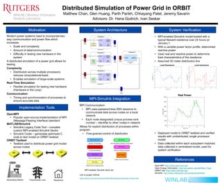 WINLAB
Distributed  Simulation  of  Power  Grid  in  ORBIT
Matthew  Chan,  Glen  Huang,  Parth  Parikh,  Chhayang Patel,  Jeremy  Savarin
Advisors:  Dr.  Hana  Godrich,  Ivan  Seskar
Modern  power  systems  need  to  incorporate  two-­
way  communication  and  power  flow  which  
increases:
• Scale  and  complexity
• Amount  of  data/communication
• Difficulty  in  testing  new  hardware  in  the  
system
A  distributed  simulation  of  a  power  grid  allows  for  
testing:
Complexity
• Distribution  across  multiple  processors  
reduces  computational  loads
• Enables  simulation  of  large-­scale  systems
Real-­Time  Simulation
• Flexible  simulation  for  testing  new  hardware  
(Hardware  in  the  Loop)
Communication
• Timing  and  synchronization  of  processes  to  
ensure  accurate  data
Implementation  Tools
Motivation System  Verification
References
OpenMPI
• Popular  open-­source  implementation  of  MPI  
(Message  Passing  Interface)  standard
MATLAB/Simulink
• Simulink  Legacy  Code  Tool  – compiles  
custom  MPI-­enabled  Simulink  blocks
• Simulink  Coder  – generates  optimized  C  
code  to  test  model  on  ORBIT  testbed
ORBIT  Testbed
• Testbed  used  to  distribute  power  grid  model  
across  nodes
Open  MPI:  http://www.open-­mpi.org/
Open  Energy  Information:  http://en.openei.org/wiki/Main_Page
ORBIT  Lab:  http://www.orbit-­lab.org/
Simulink:  http://www.mathworks.com/products/simulink/
• MPI-­enabled  Simulink  model  loaded  with  a  
typical  Newark  residence  over  24  hours  on  
January  1
• With  a  variable  power  factor  profile,  determined  
reactive  power
• Used  real  and  reactive  power  to  determine  
load  characteristics  of  the  residence  
• Assumed  30  meter  distribution  line  
System  Architecture
MPI  Communication:
• MPI  uses  password-­less  SSH  sessions  to  
communicate  data  across  nodes  on  a  local  
network
• Each  node  designated  unique  process  rank  
number  – identifier  to  other  nodes  in  network
Allows  for  explicit  distribution  of  processes  within  
program
• Fine-­grained  control  of  distribution
MPI-­Simulink  Integration
MPI-­enabled  Simulink  block  set
• Deployed  model  to  ORBIT  testbed and  verified  
results  with  undistributed,  single  processor  
model
• Data  collected  within  each  subsystem  matched  
data  collected  in  centralized  model,  used  for  
system  verification
Link  to  project  GitHub:
https://github.com/JeremySavarin/WINLAB-­Distributed-­Simulation-­Power-­Grid
Hour (h)
0 5 10 15 20 25
Resistance(Ω)
0
2
4
6
8
10
12
14
Load Resistance
Hour (h)
0 5 10 15 20 25
Inductance(H)
0
0.5
1
1.5
2
2.5
3
3.5
4
4.5
5
Load Inductance
Hour (h)
0 5 10 15 20 25
Power(W)
500
1000
1500
2000
2500
3000
3500
Real Power
 