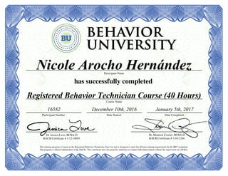 Nicole Arocho Hernández
Registered Behavior Technician Course (40 Hours)
16582 December 10th, 2016 January 5th, 2017
Powered by TCPDF (www.tcpdf.org)
 