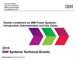 9.0
César Diniz Maciel
Executive IT Specialist
IBM Corporate Strategy
cmaciel@us.ibm.com
Docker containers on IBM Power Systems -
Introduction, Administration and Use Cases
 