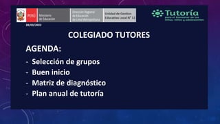 28/03/2022
COLEGIADO TUTORES
AGENDA:
- Selección de grupos
- Buen inicio
- Matriz de diagnóstico
- Plan anual de tutoría
 