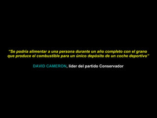 “ Se podría alimentar a una persona durante un año completo con el grano  que produce el combustible para un único depósito de un coche deportivo” DAVID CAMERON , líder del partido Conservador 