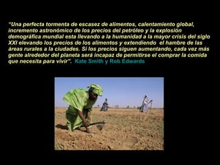 “ Una perfecta tormenta de escasez de alimentos, calentamiento global, incremento astronómico de los precios del petróleo y la explosión demográfica mundial esta llevando a la humanidad a la mayor crisis del siglo XXI elevando los precios de los alimentos y extendiendo  el hambre de las áreas rurales a la ciudades. Si los precios siguen aumentando, cada vez más gente alrededor del planeta será incapaz de permitirse el comprar la comida que necesita para vivir”.     Kate Smith y Rob Edwards   
