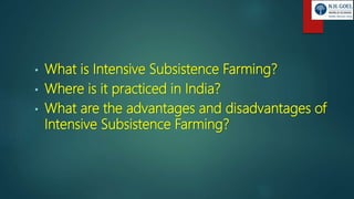 • What is Intensive Subsistence Farming?
• Where is it practiced in India?
• What are the advantages and disadvantages of
Intensive Subsistence Farming?
 
