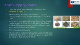 Kharif Cropping Season
1. Crops are grown with the onset of monsoon and
harvested in Sept-Oct
2. Paddy, maize, jowar, bajra, tur (arhar), moong, urad,
cotton, jute, groundnut & soyabean are Important Kharif
crops
3. Important rice-growing regions are Assam, West Bengal,
coastal regions of Orissa, Andhra Pradesh, Tamil Nadu,
Kerala and Maharashtra, particularly the (Konkan coast)
along with Uttar Pradesh and Bihar.
4. Also in Punjab and Haryana
5. Where water is available in plenty like Assam, West Bengal
and Orissa, three crops of paddy are grown in a year. They
are called as Aus, Aman and Boro!
 
