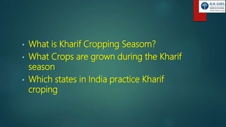 • What is Kharif Cropping Seasom?
• What Crops are grown during the Kharif
season
• Which states in India practice Kharif
croping
 