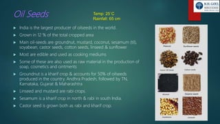Oil Seeds
 India is the largest producer of oilseeds in the world.
 Grown in 12 % of the total cropped area
 Main oil-seeds are groundnut, mustard, coconut, sesamum (til),
soyabean, castor seeds, cotton seeds, linseed & sunflower
 Most are edible and used as cooking mediums
 Some of these are also used as raw material in the production of
soap, cosmetics and ointments
 Groundnut is a kharif crop & accounts for 50% of oilseeds
produced in the country. Andhra Pradesh, followed by TN,
Karnataka, Gujarat & Maharashtra
 Linseed and mustard are rabi crops.
 Sesamum is a kharif crop in north & rabi in south India.
 Castor seed is grown both as rabi and kharif crop.
Temp: 25˚C
Rainfall: 65 cm
 