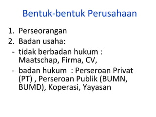 Bentuk-bentuk Perusahaan
1. Perseorangan
2. Badan usaha:
- tidak berbadan hukum :
Maatschap, Firma, CV,
- badan hukum : Perseroan Privat
(PT) , Perseroan Publik (BUMN,
BUMD), Koperasi, Yayasan

 