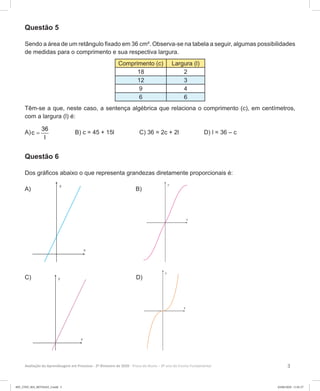 3Avaliação da Aprendizagem em Processo - 2º Bimestre de 2020  Prova do Aluno - 8º ano do Ensino Fundamental
Questão 5
Sendo a área de um retângulo fixado em 36 cm². Observa-se na tabela a seguir, algumas possibilidades
de medidas para o comprimento e sua respectiva largura.
Comprimento (c) Largura (l)
18 2
12 3
9 4
6 6
Têm-se a que, neste caso, a sentença algébrica que relaciona o comprimento (c), em centímetros,
com a largura (l) é:
A)
36
c
l
= B) c = 45 + 15l C) 36 = 2c + 2l D) l = 36 – c
Questão 6
Dos gráficos abaixo o que representa grandezas diretamente proporcionais é:
A) B)
C) D)
8EF_27ED_MA_REVISAO_3.indd 3 03/06/2020 11:01:37
 