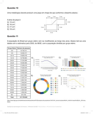 5Avaliação da Aprendizagem em Processo - 2º Bimestre de 2020  Prova do Aluno - 8º ano do Ensino Fundamental
Questão 10
Uma metalúrgica deverá produzir uma peça em chapa de aço conforme o desenho abaixo:
A área da peça é
A)	14 cm2
.
B)	16 cm2
.
C)	17 cm2
.
D)	18 cm2
.
Questão 11
A população do Brasil por grupo etário vem se modificando ao longo dos anos. Abaixo tem-se uma
tabela com a estimativa para 2020, do IBGE, com a população dividida por grupo etário.
Grupo Etário Número de pessoas
0-4 14.730.311
5-9 14.650.311
10-14 14.805.478
15-19 15.790.863
20-24 17.233.266
25-29 16.985.866
30-34 17.205.416
35-39 17.026.545
40-44 15.602.974
45-49 13.652.504
50-54 12.617.804
55-59 11.257.277
60-64 9.383.728
65-69 7.349.244
70-74 5.408.663
75-79 3.614.389
80-84 2.366.558
85-89 1.259.330
90+ 815.165
Total 211.755.692
https://www.ibge.gov.br/estatisticas/sociais/populacao/9109-projecao-da-populacao.html?utm_source=projecao&utm_medium=popclock&utm_=&t=resu
ltados
A) C)
B) D)
8EF_27ED_MA_REVISAO_3.indd 5 03/06/2020 11:01:38
 