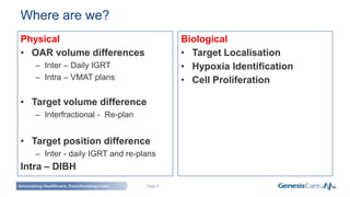 Page 6
Where are we?
Physical
• OAR volume differences
– Inter – Daily IGRT
– Intra – VMAT plans
• Target volume difference
– Interfractional - Re-plan
• Target position difference
– Inter - daily IGRT and re-plans
Intra – DIBH
Biological
• Target Localisation
• Hypoxia Identification
• Cell Proliferation
 