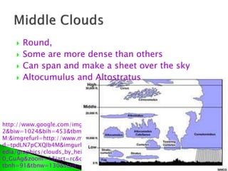 http://www.google.com/imgres?q=middle+clouds&hl=en&safe=active&gbv=
2&biw=1024&bih=453&tbm=isch&tbnid=sBtuNWyTP0aM-
M:&imgrefurl=http://www.meted.ucar.edu/fire/s290/unit6/print_2.htm&doci
d=tpdLN7pCXQIb4M&imgurl=http://www.meted.ucar.edu/fire/s290/unit6/m
edia/graphics/clouds_by_height.jpg&w=500&h=350&ei=HtnzTtPBM8Ph0QHC
0_GuAg&zoom=1&iact=rc&dur=5&sig=104574880544260111202&page=3&
tbnh=91&tbnw=130&start=22&ndsp=12&ved=1t:429,r:3,s:22&tx=87&ty=61
 Round,
 Some are more dense than others
 Can span and make a sheet over the sky
 Altocumulus and Altostratus
 
