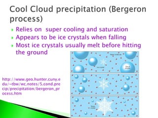  Relies on super cooling and saturation
 Appears to be ice crystals when falling
 Most ice crystals usually melt before hitting
the ground
http://www.geo.hunter.cuny.e
du/~tbw/wc.notes/5.cond.pre
cip/precipitation/bergeron_pr
ocess.htm
 