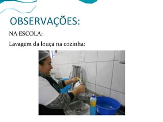OBSERVAÇÕES:
NA ESCOLA:
Lavagem da louça na cozinha:
 