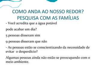 COMO ANDA AO NOSSO REDOR?
PESQUISA COM AS FAMÍLIAS
- Você acredita que a água potável
pode acabar um dia?
5 pessoas disseram sim
9 pessoas disseram que não
- As pessoas estão se conscientizando da necessidade de
evitar o desperdício?
Algumas pessoas ainda não estão se preocupando com o
meio ambiente.
 