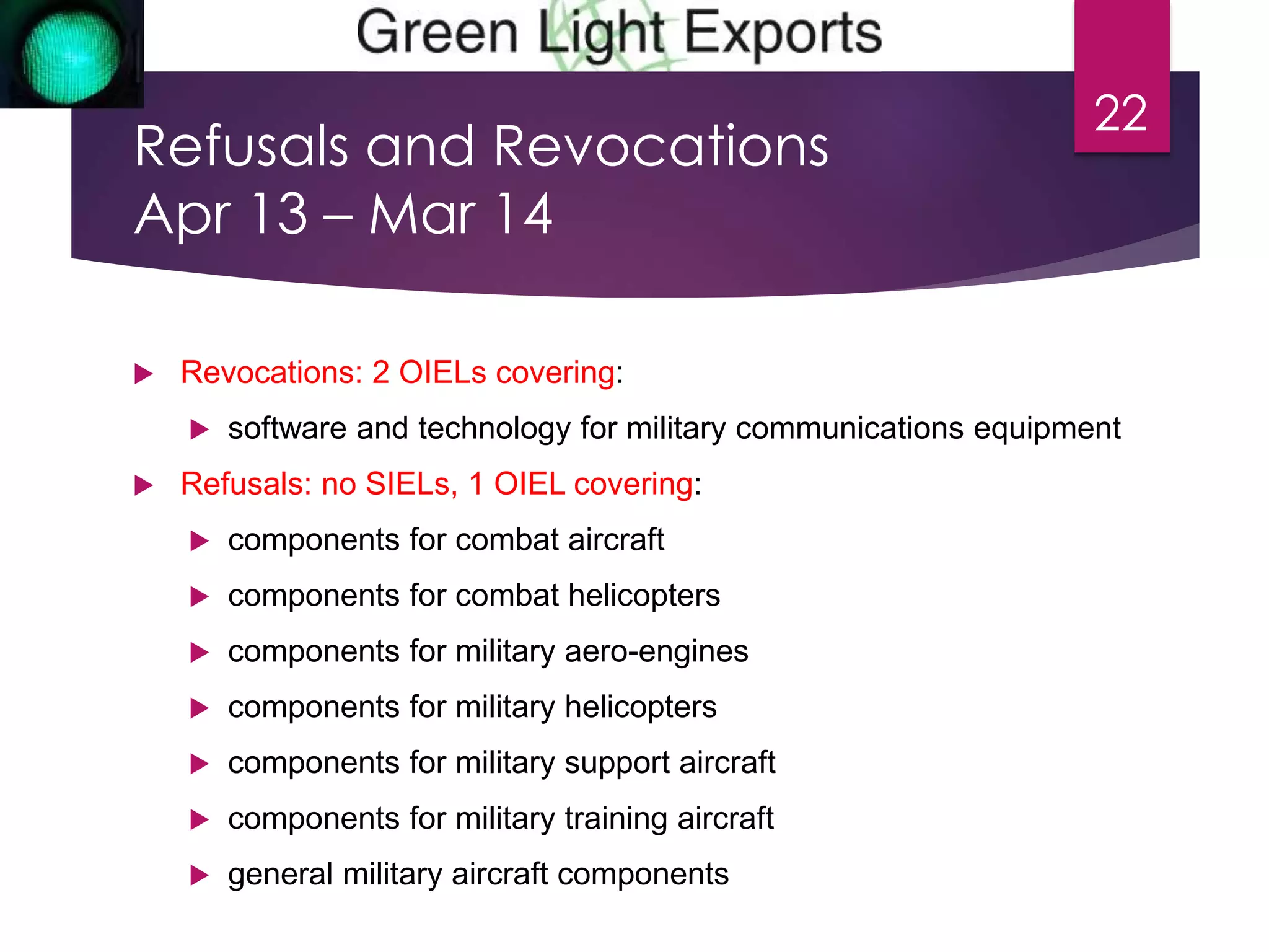 Refusals and Revocations 
Apr 13 – Mar 14 
 Revocations: 2 OIELs covering: 
 software and technology for military communications equipment 
 Refusals: no SIELs, 1 OIEL covering: 
 components for combat aircraft 
 components for combat helicopters 
 components for military aero-engines 
 components for military helicopters 
 components for military support aircraft 
 components for military training aircraft 
 general military aircraft components 
22 
 