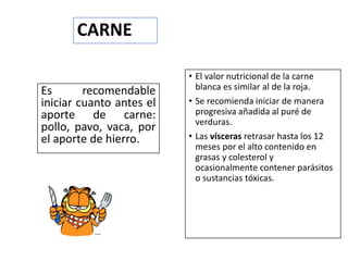 CARNE
Es recomendable
iniciar cuanto antes el
aporte de carne:
pollo, pavo, vaca, por
el aporte de hierro.
• El valor nutricional de la carne
blanca es similar al de la roja.
• Se recomienda iniciar de manera
progresiva añadida al puré de
verduras.
• Las vísceras retrasar hasta los 12
meses por el alto contenido en
grasas y colesterol y
ocasionalmente contener parásitos
o sustancias tóxicas.
 