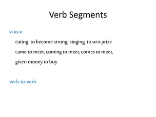 Verb Segments
v-to-v
eating to become strong, singing to win prize
came to meet, comingto meet,comes to meet,
given money to buy
verb-to-verb
 