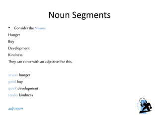 Noun Segments
• Considerthe Nouns
Hunger
Boy
Development
Kindness
They can come withan adjectivelikethis,
severehunger
goodboy
quick development
tenderkindness
adj-noun
 