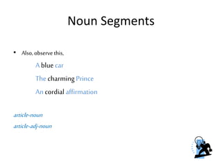 Noun Segments
• Also,observe this,
Abluecar
Thecharming Prince
Ancordial affirmation
article-noun
article-adj-noun
 