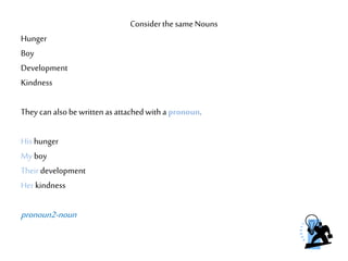 Considerthe sameNouns
Hunger
Boy
Development
Kindness
They can alsobe writtenasattached witha pronoun.
His hunger
My boy
Theirdevelopment
Herkindness
pronoun2-noun
 